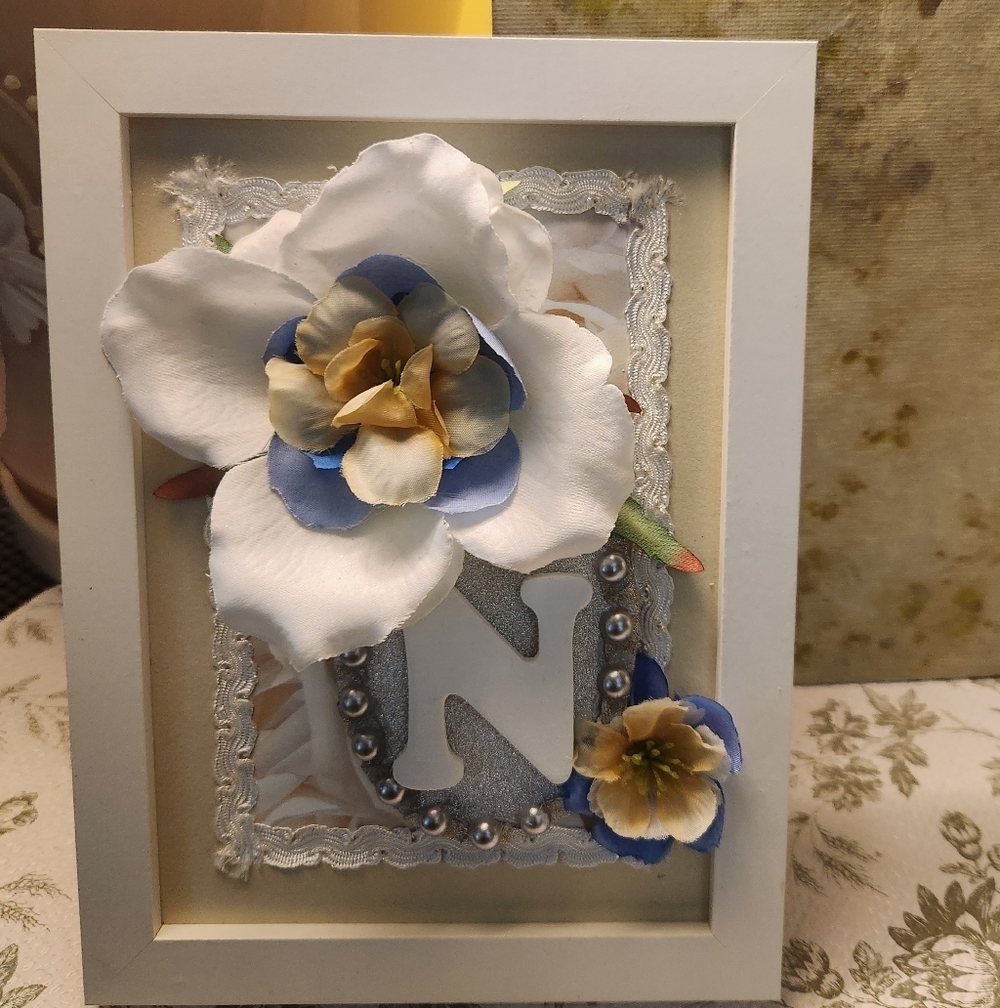 Handcrafted 3D Floral Framed Design 'N' Initial, Size 5x7